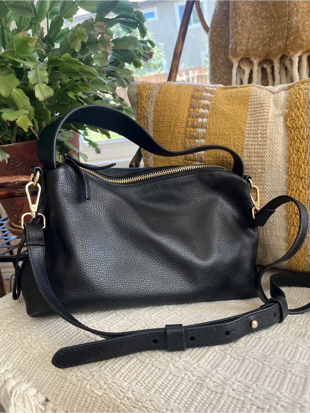 Ashwood Classic Black Leather Pebbled Shoulder Bag with Gold Accents
